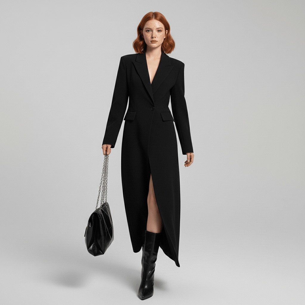 Women's Long Slim-Fit Tailored Maxi Coat with Peak Lapels and Full Lining