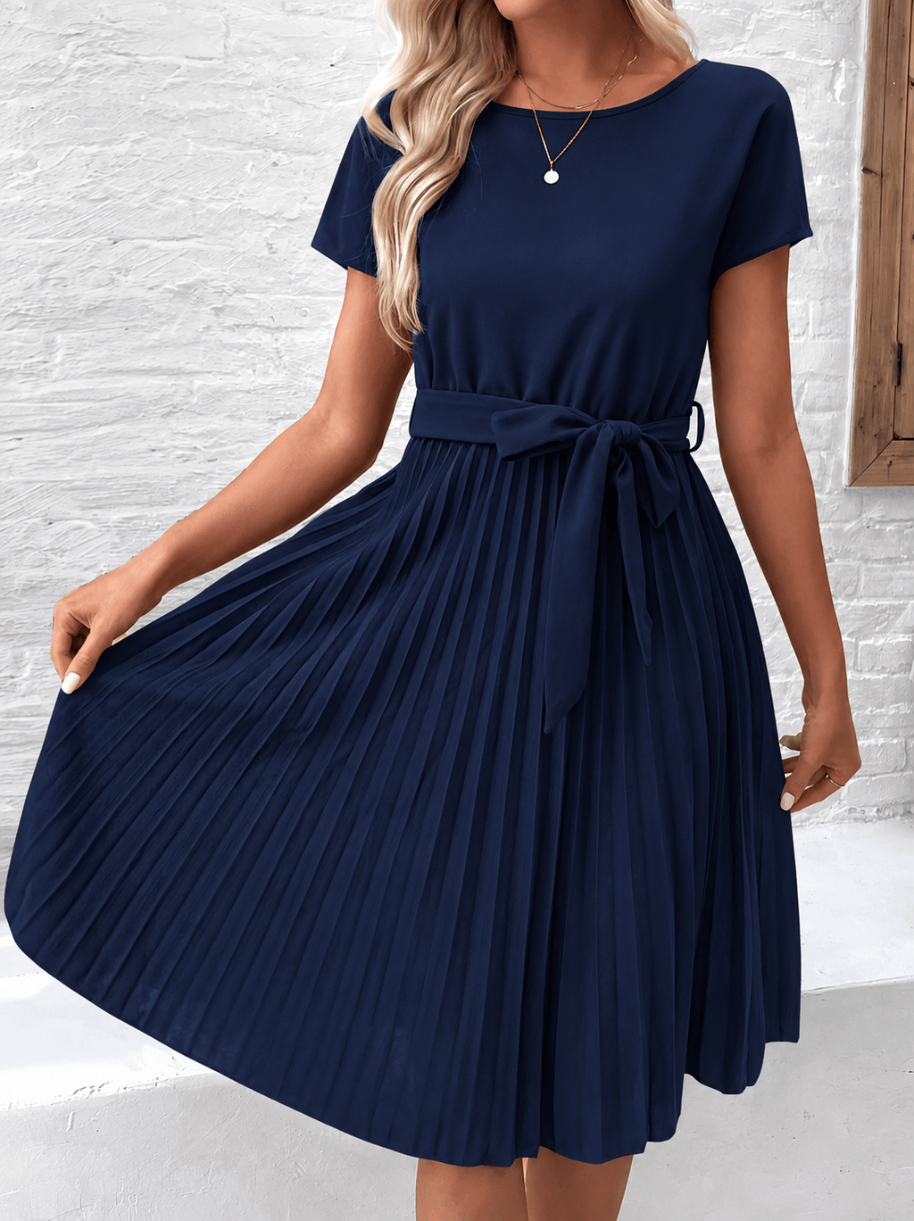 Pleated Midi Dress with Tie Waist for Fall Wedding Guest Occasions