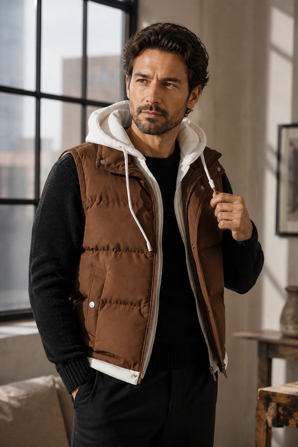 Double-Hood Quilted Puffer Vest with Layered Collar