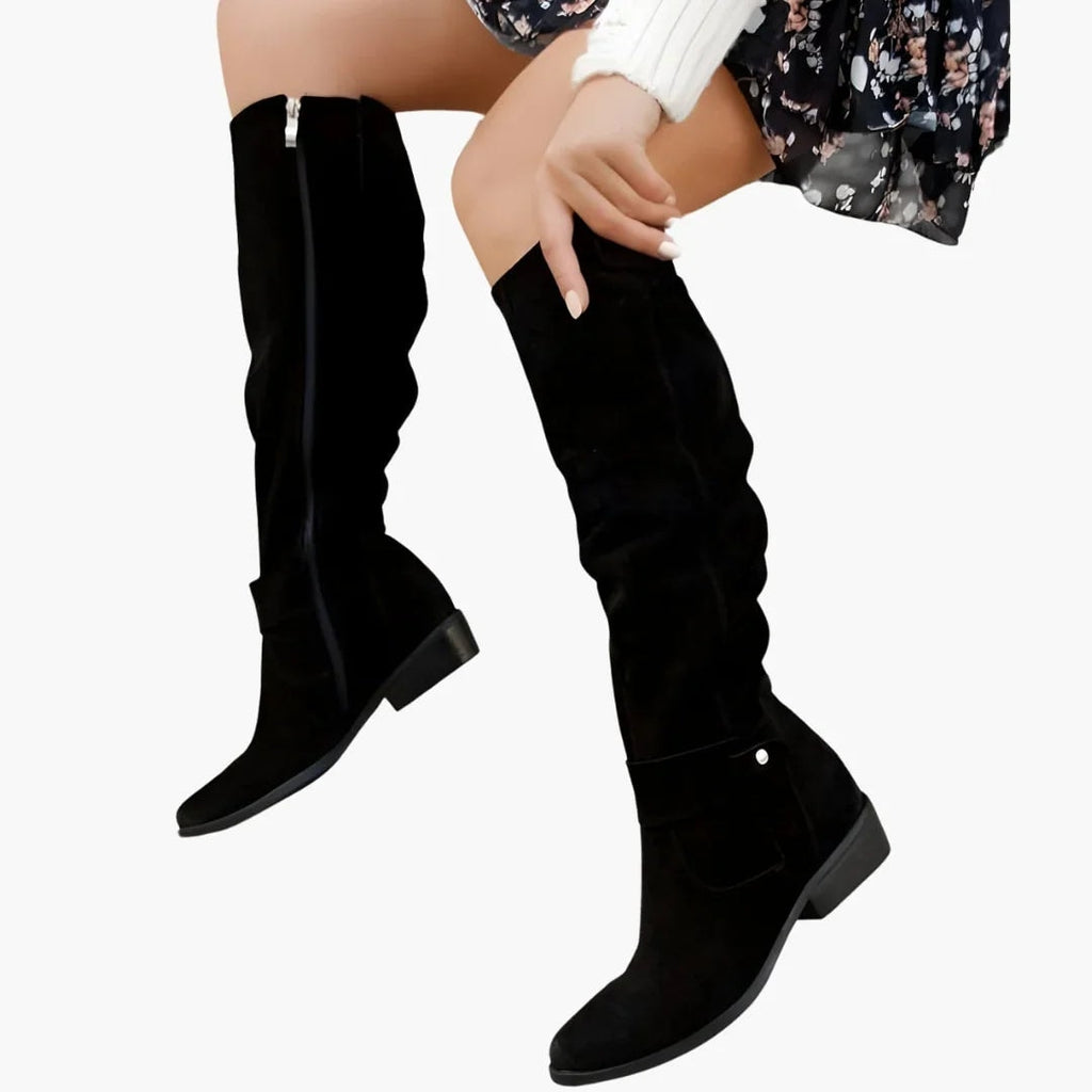 Suede Knee-High Black Boots for Women with Block Heel and Side Zip