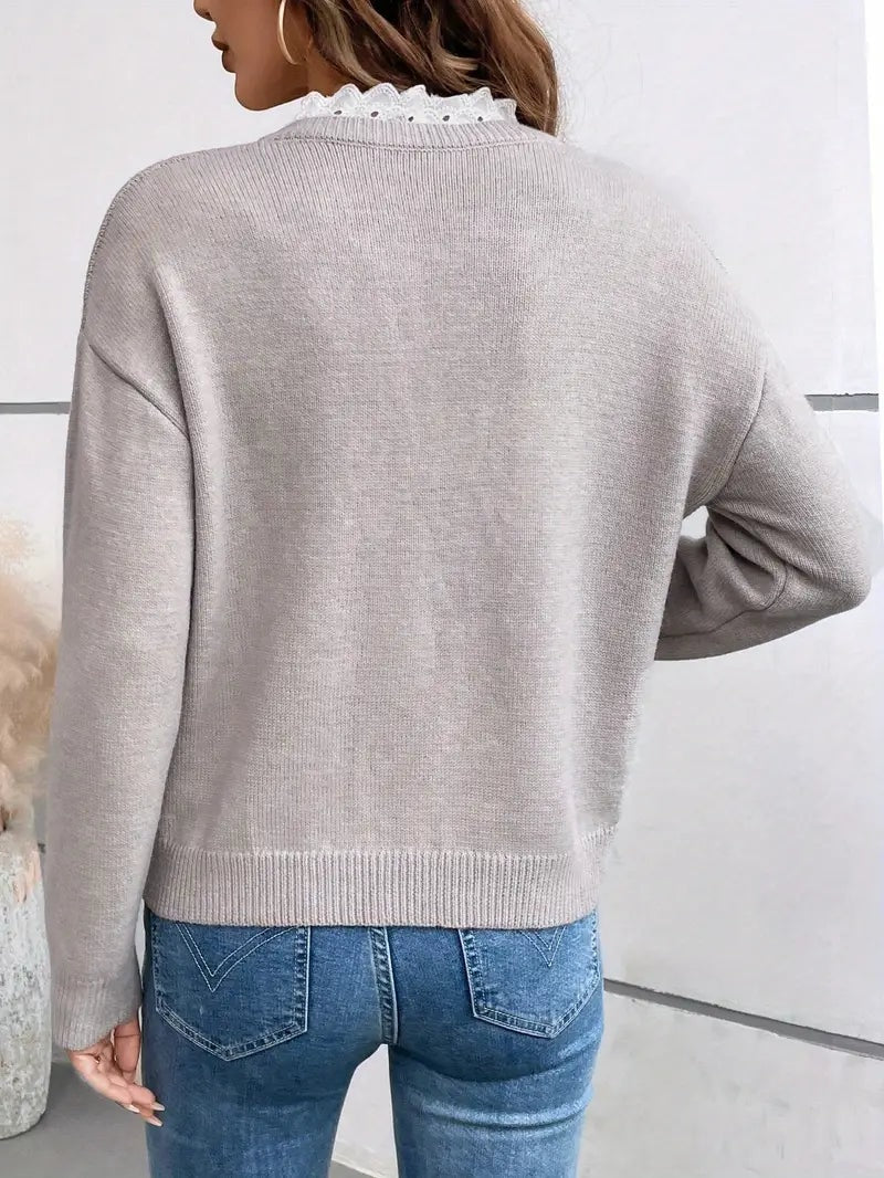 Kaitlyssa Lace-Trim V-Neck Knit Sweater for Women