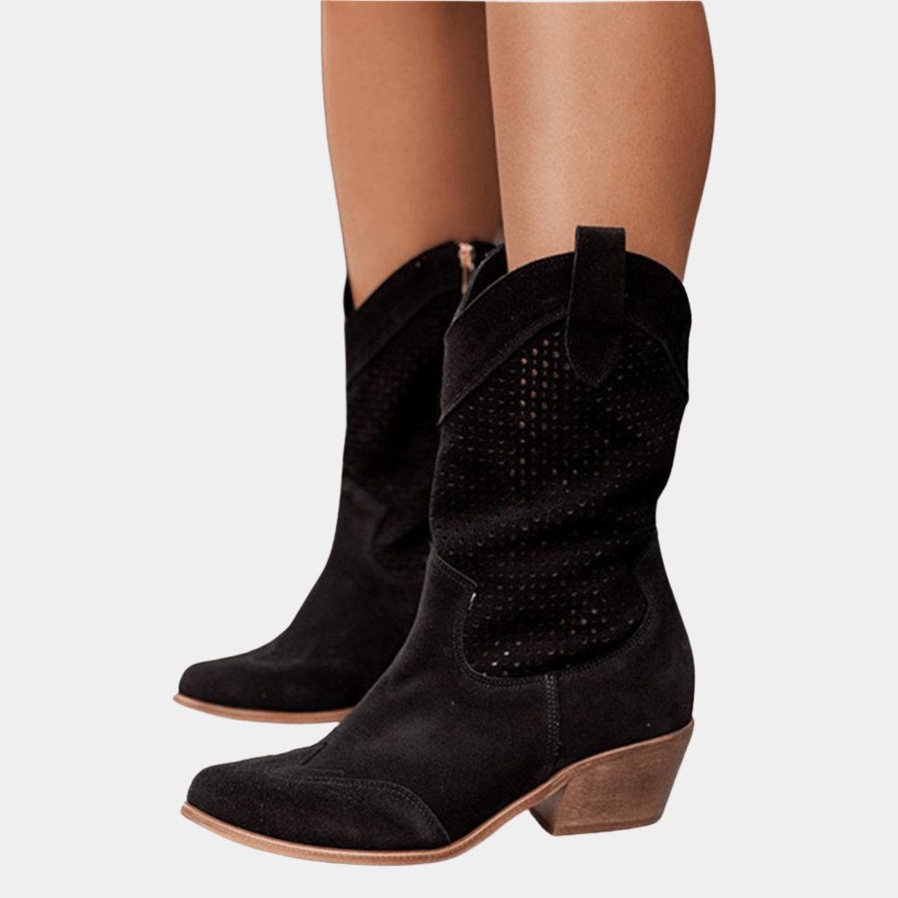Perforated Faux Suede Western Womens Boots with Side Zipper Ankle Design