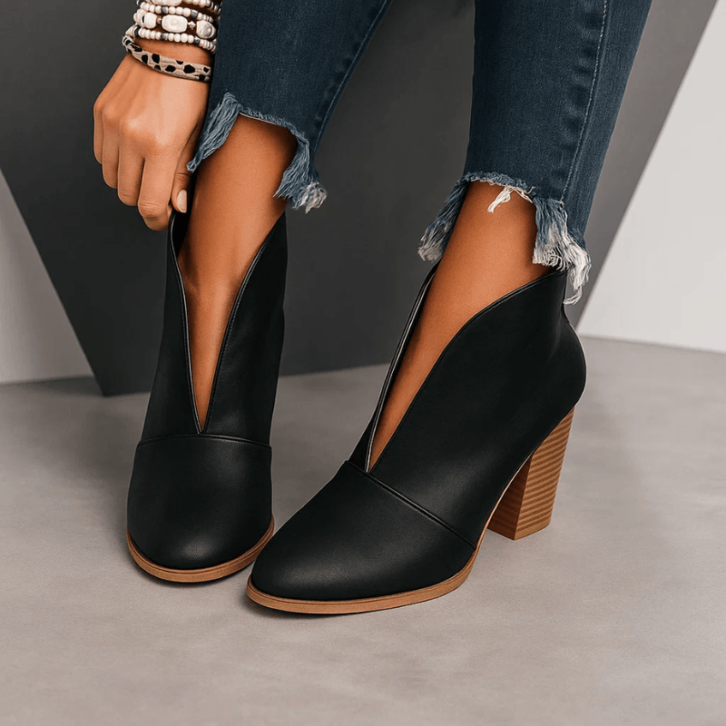 Women's Slip-On V-Cut Ankle Boots with Block Heel and Pointed Toe