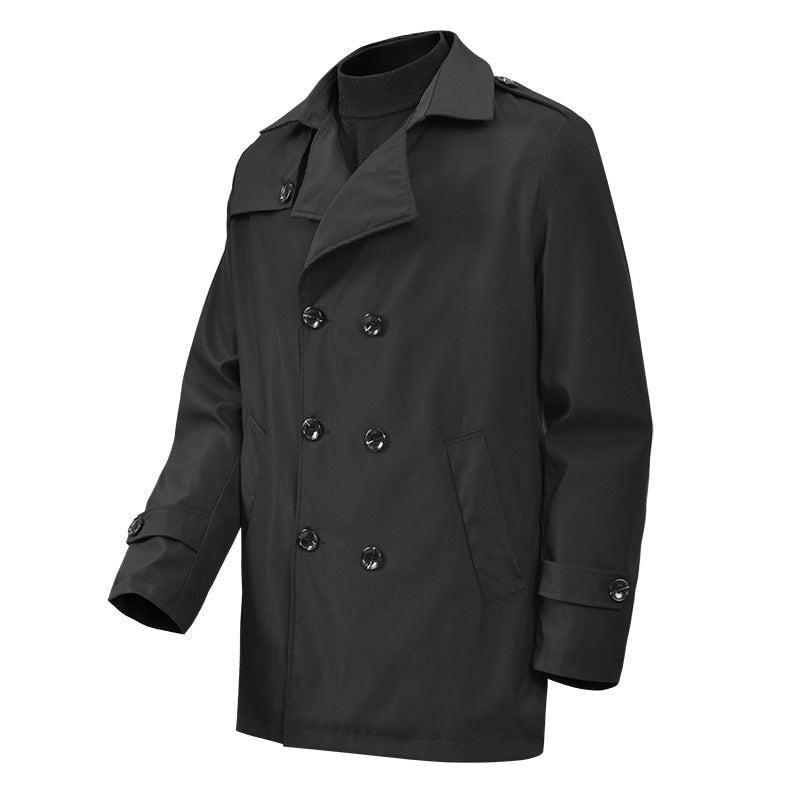 Men's Double-Breasted Short Trench Coat with Wide Lapels and Shoulder Epaulettes