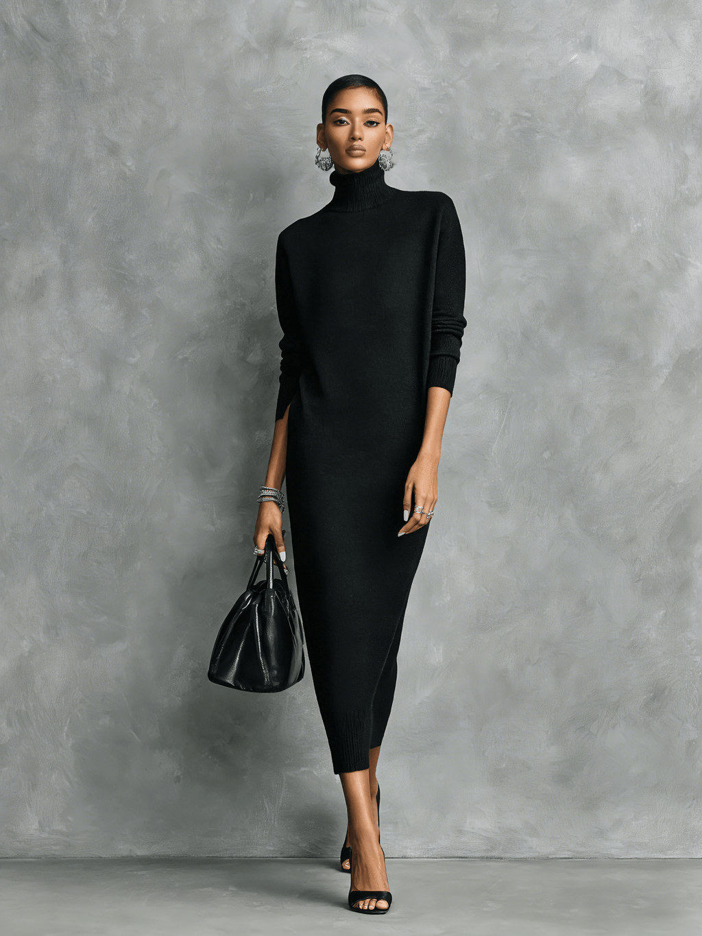 Maelys Turtleneck Knit Sweater Dress with Midi Length
