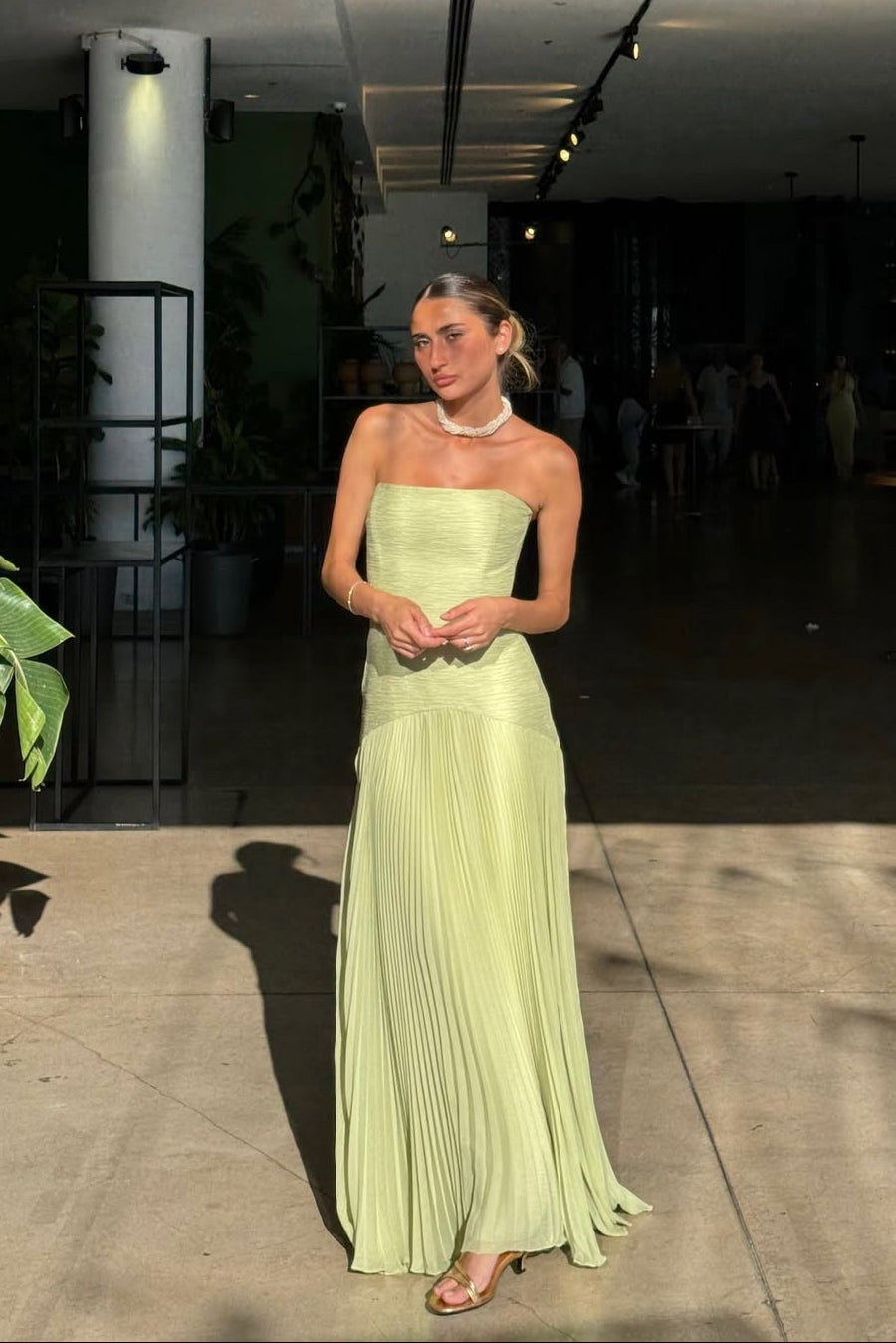 Strapless Pleated Maxi Dress for Fall Wedding Guest Occasions