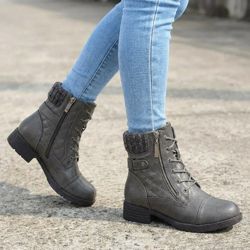 Women's Quilted Lace-Up Ankle Boots with Side Zip and Block Heel