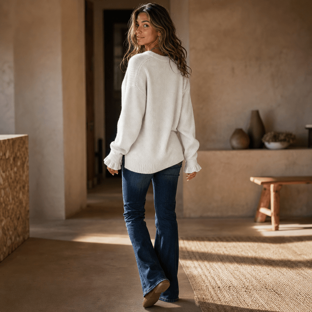 Vessa Ribbed V-Neck Button-Front Acrylic Knitted Sweater for Women