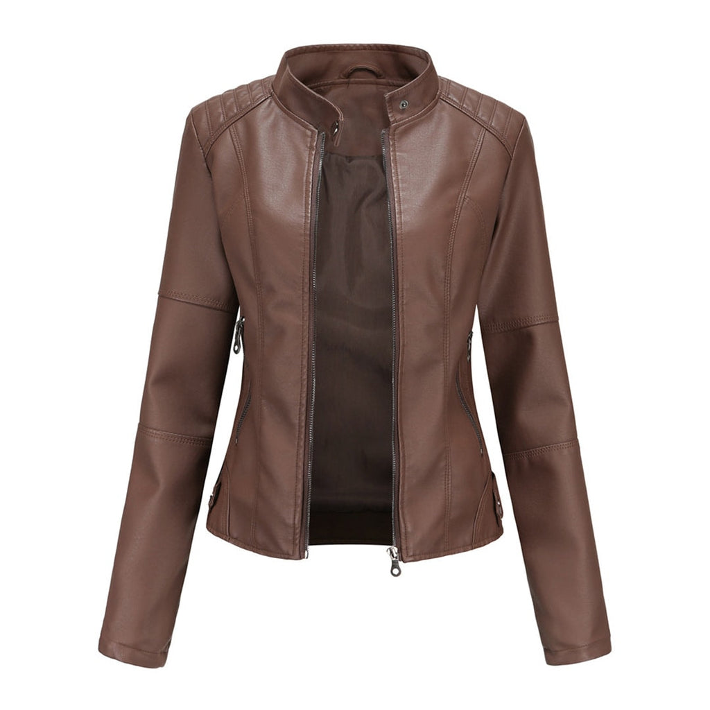 Fitted Faux Leather Moto Jacket with Zip Pockets for Women's Fall Layering