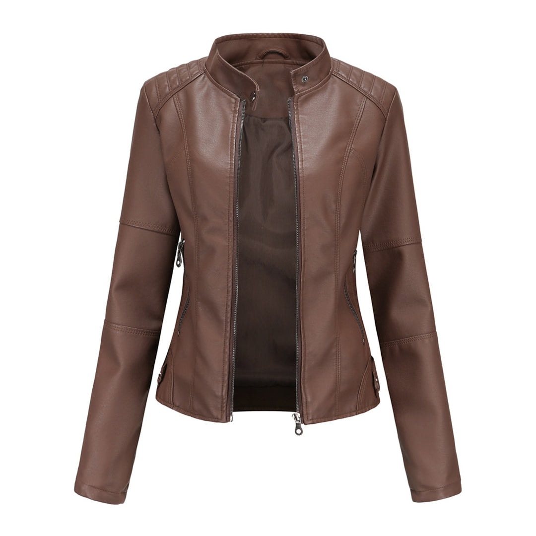 Fitted Faux Leather Moto Jacket with Zip Pockets for Women's Fall Layering