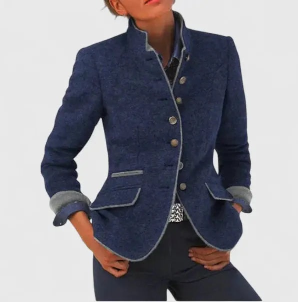 Women's Stand Collar Wool Tailored Blazer with Contrast Trim
