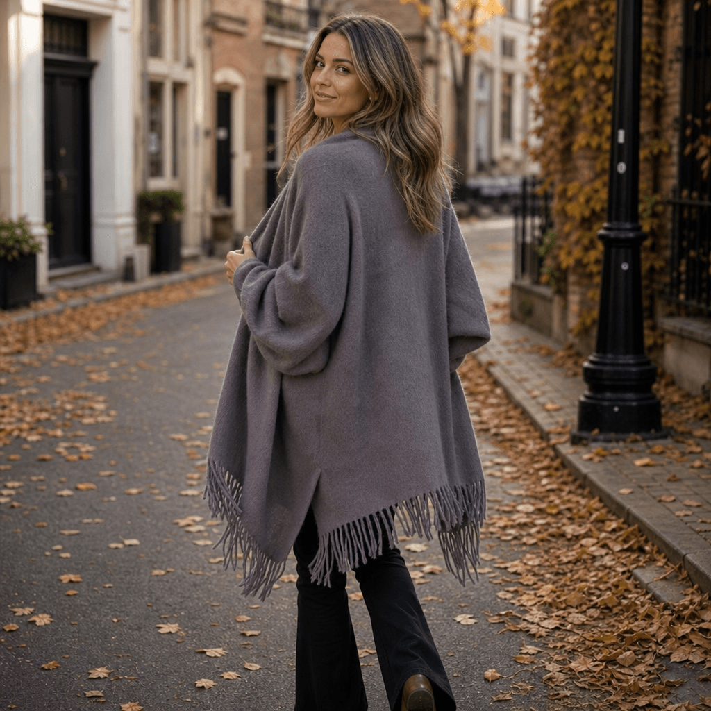 Women's Draped Shawl Collar Open-Front Wool Winter Coat with Fringe Detail