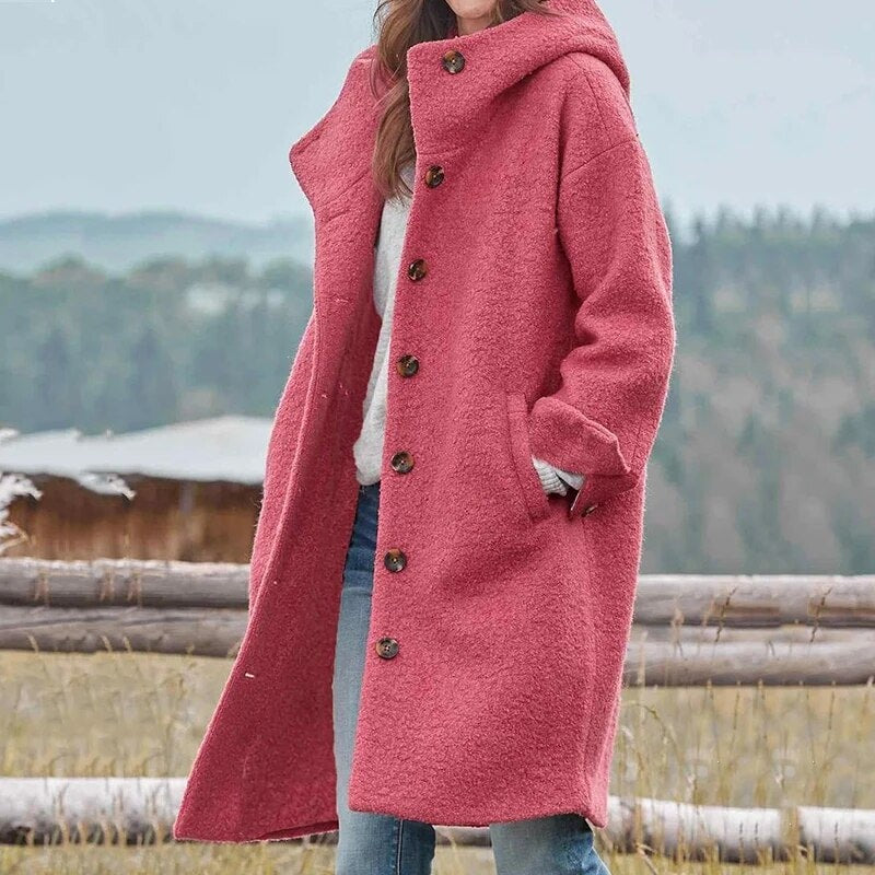 Women's Longline Wool-Blend Button-Front Winter Coat with Hood