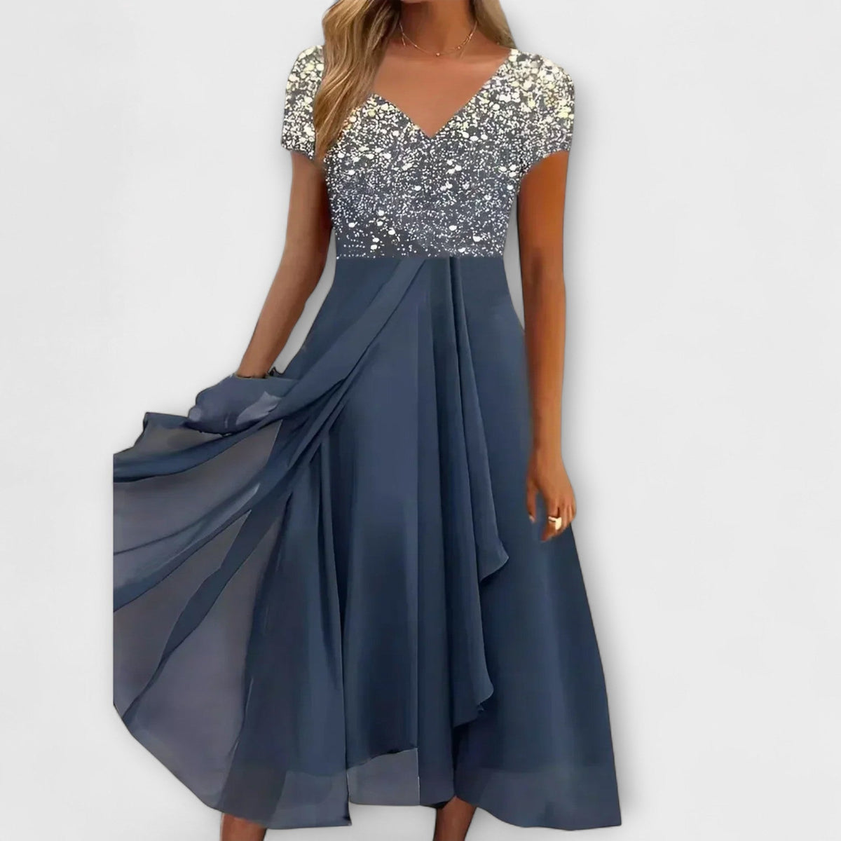 Women's Ombre Print V-Neck Chiffon Midi Dress with Short Sleeves and Layered Skirt