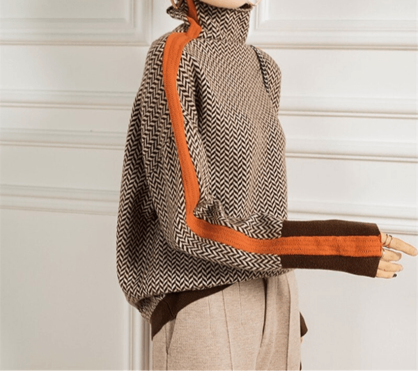Herringbone Turtleneck Oversized Sweater with Striped Sleeve Panels