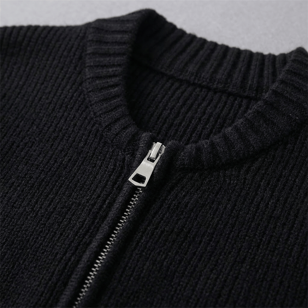 Women's Chunky Knit Zip-Up Cardigan with Bomber Collar and Ribbed Hem