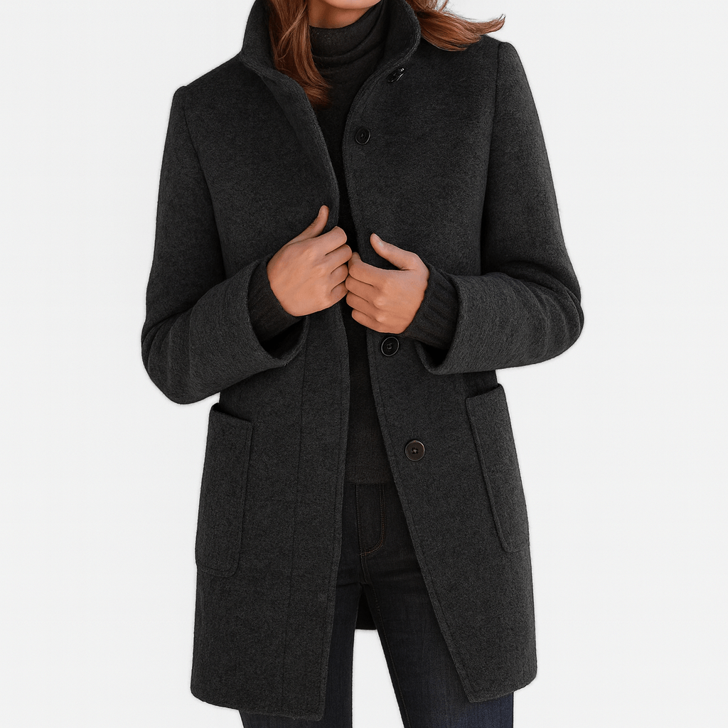 Mid-Length Pea Coat with Stand Collar and Patch Pockets