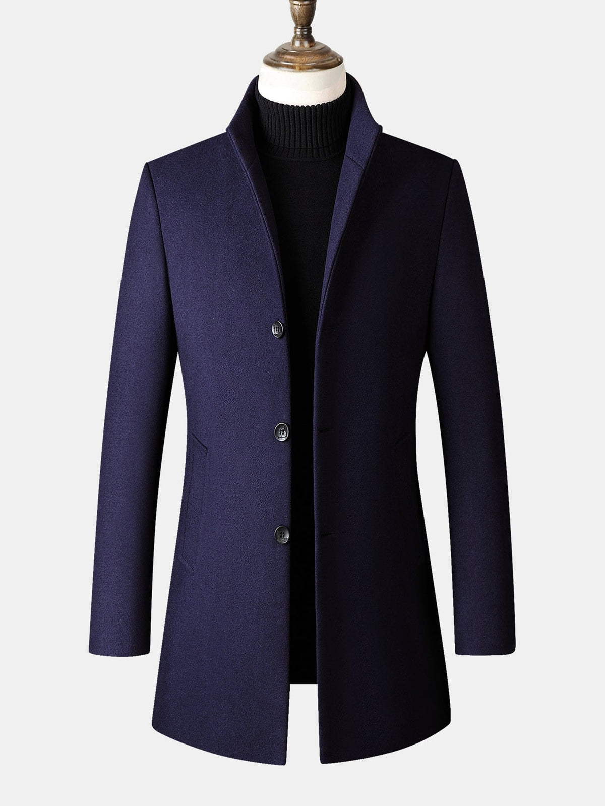 Men's Tailored Long Wool Blend Winter Coat with Stand Collar and Button Front