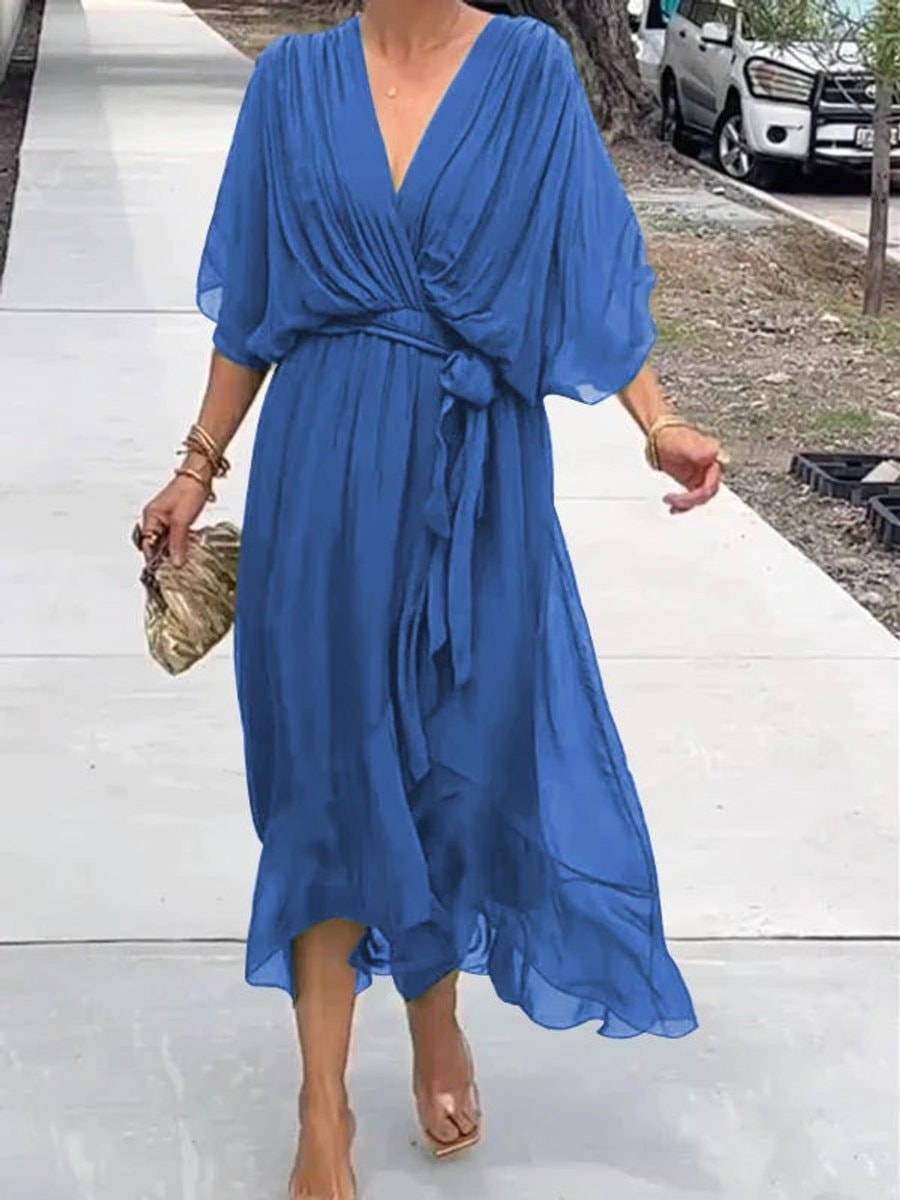 Women's Belted Chiffon Wrap Dress with V-Neck and Flowy Midi Length