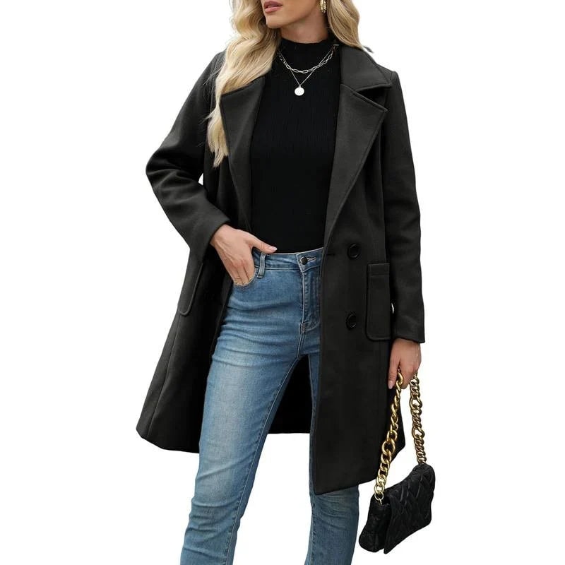 Unn Double-Breasted Notch-Lapel Longline Winter Coat for Women