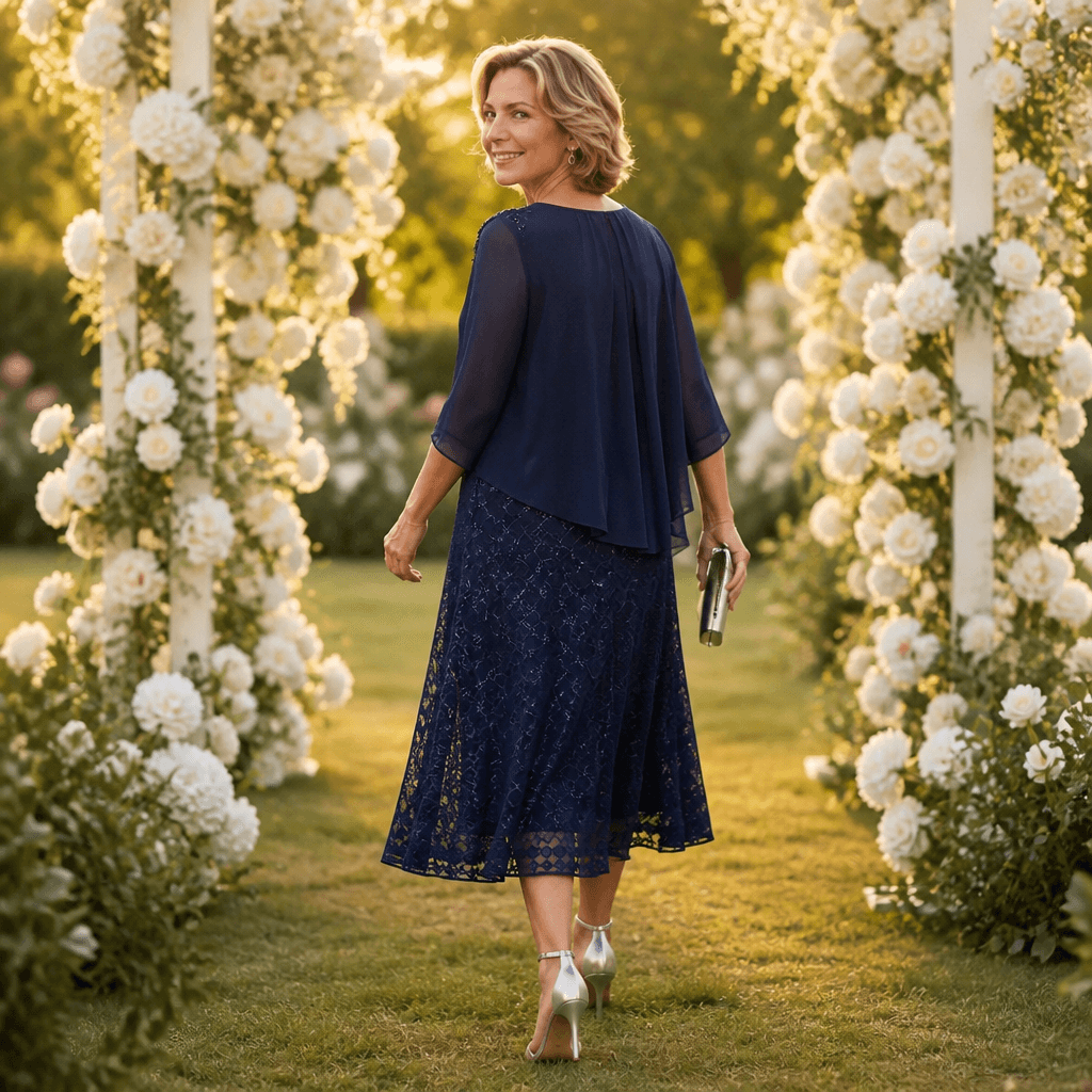 Elavine Floral Lace Overlay Chiffon Women's Midi Dress with Sheer Sleeves