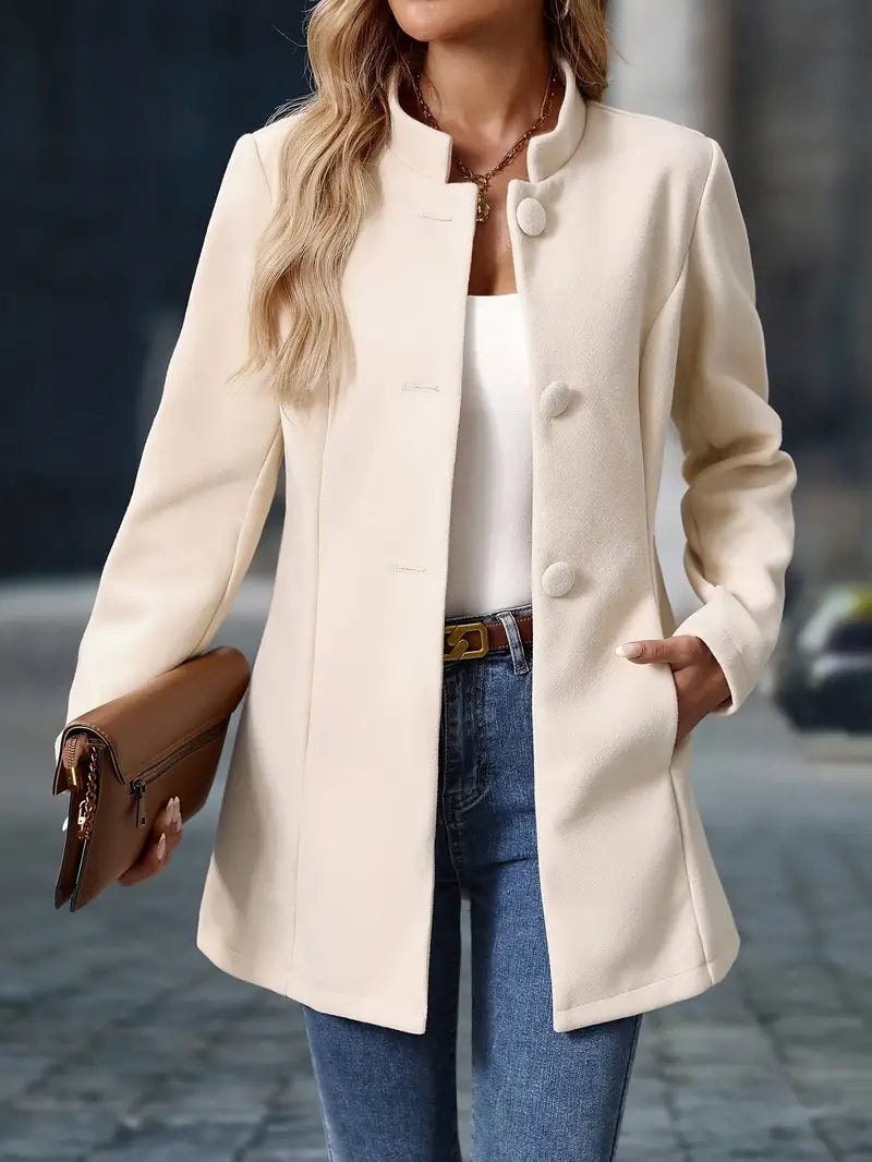 Sofia Button-Front Stand Collar Wool Blend Winter Coat for Women