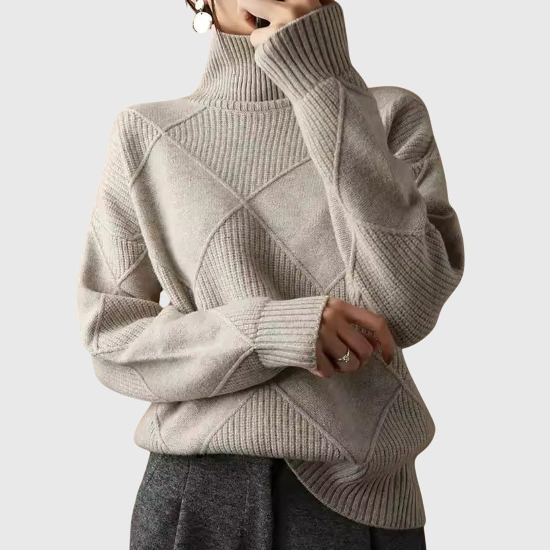 Women's Ribbed Knit Turtleneck Sweater with Diamond Pattern and Relaxed Fit