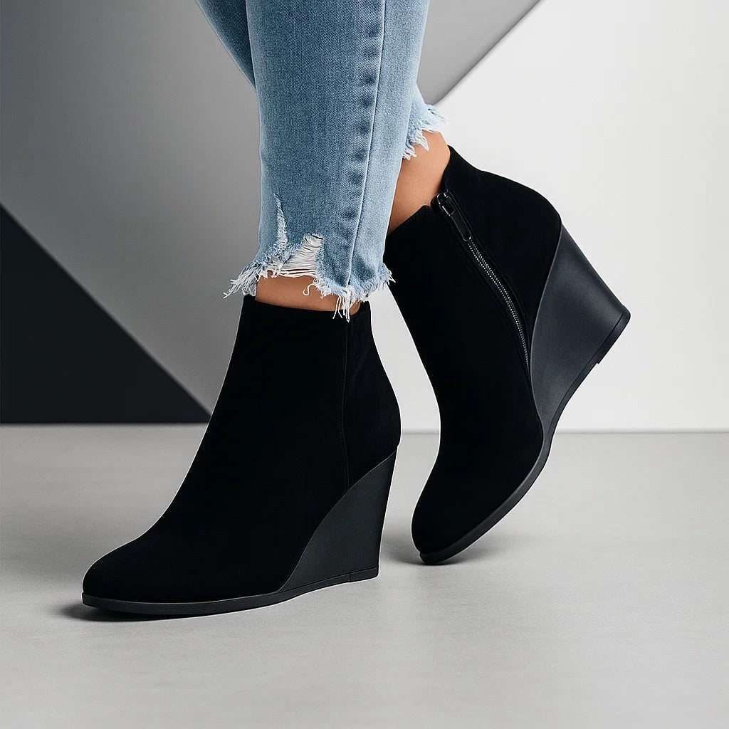 Suede Wedge Ankle Womens Boots with Side Zipper Closure