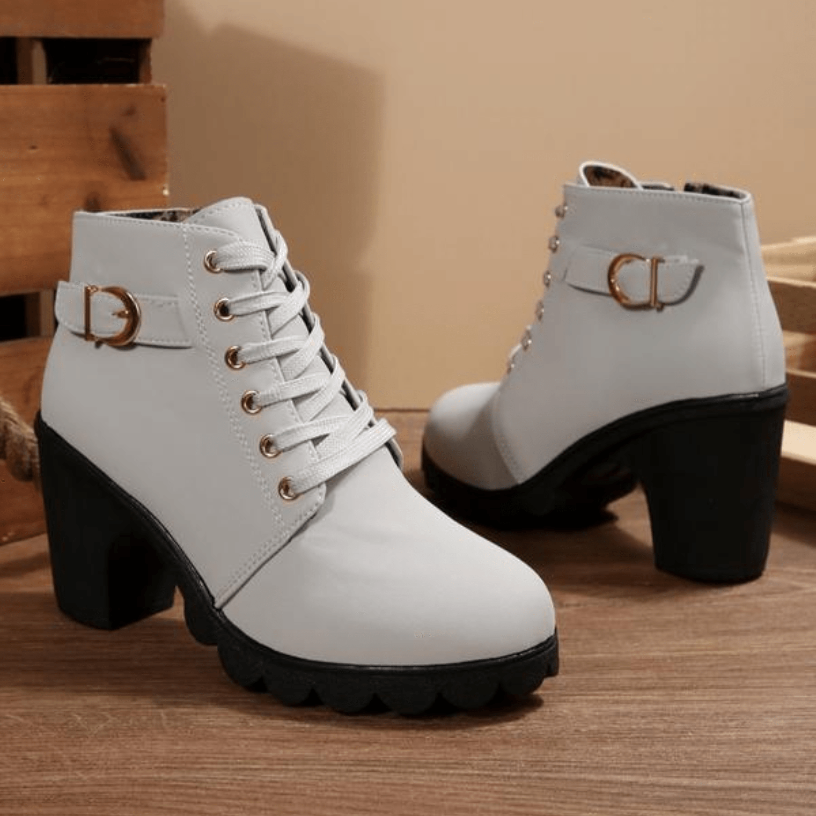 Lace-Up Ankle Black Boots with Side Zipper and Block Heel