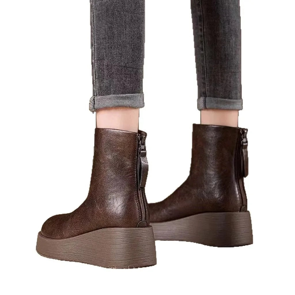Women's Heeled Leather Platform Ankle Boots with Retro Round Toe and Back Zip