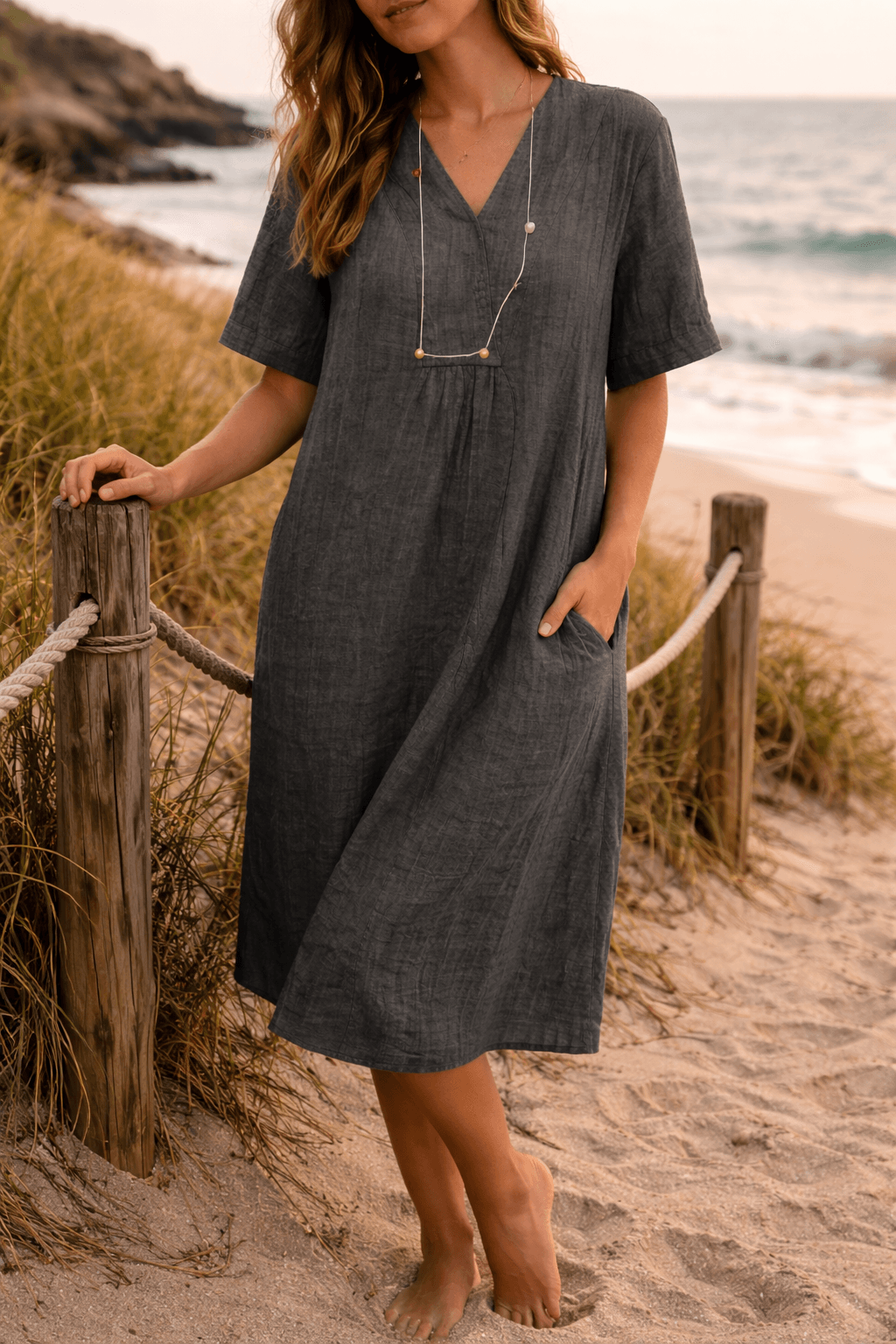 Relaxed Linen Midi Dress with V Neck for Fall Dresses for Women