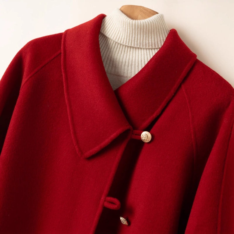 Women's Long Wool Winter Coat with Faux Fur Cuffs and Oversized Collar