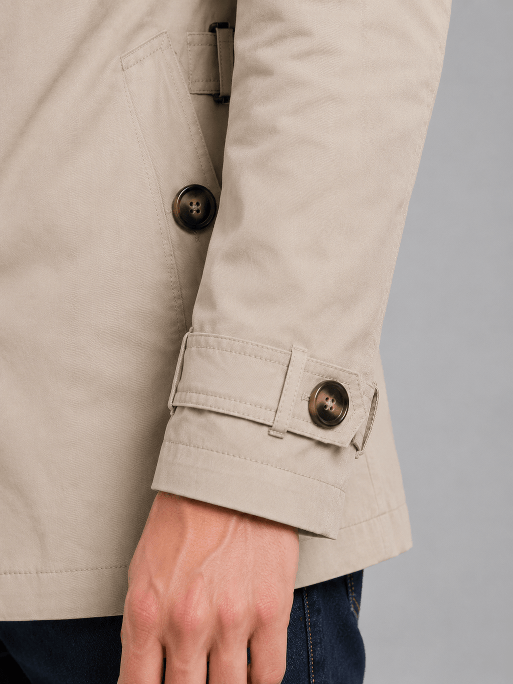 Men's Short Double-Breasted Belted Trench Coat with Epaulettes and Zip Chest Pocket
