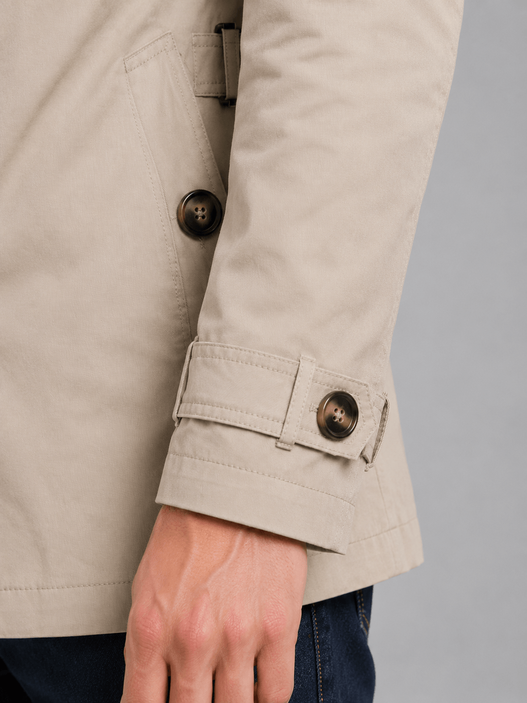 Men's Short Double-Breasted Belted Trench Coat with Epaulettes and Zip Chest Pocket