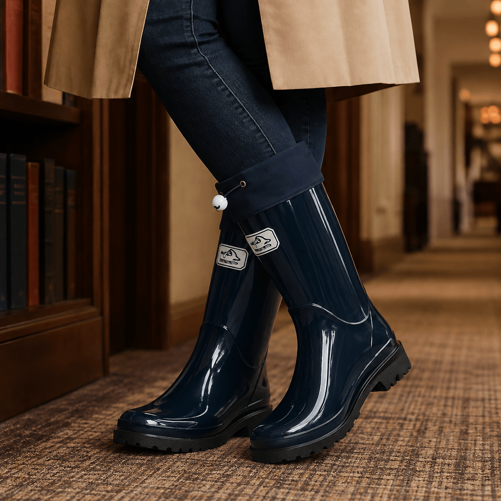 Knee-High Glossy Rubber Rain Boots with Drawstring Cuff