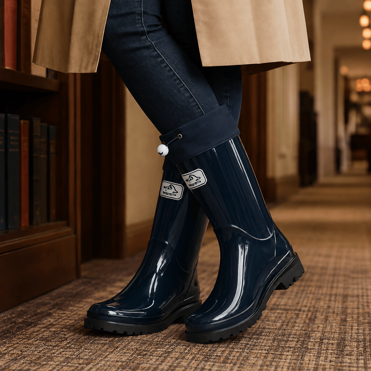 Knee-High Glossy Rubber Rain Boots with Drawstring Cuff