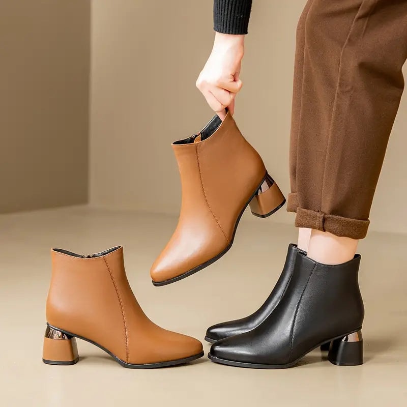 Nyla Pointed-Toe Faux Leather Women's Boots with Block Heel