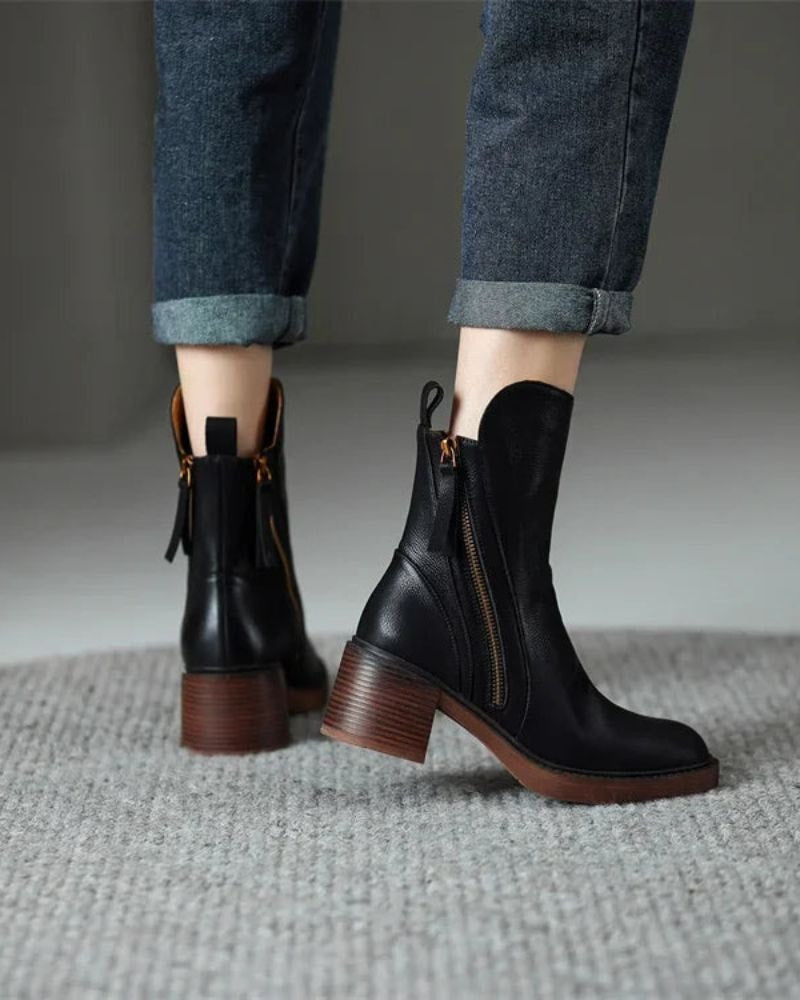 Women's Round-Toe Vegan Leather Ankle Boots with Block Heel and Side Zip