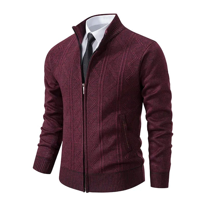 Men's Zip-Up Knit Cardigan with Stand Collar and Geometric Pattern