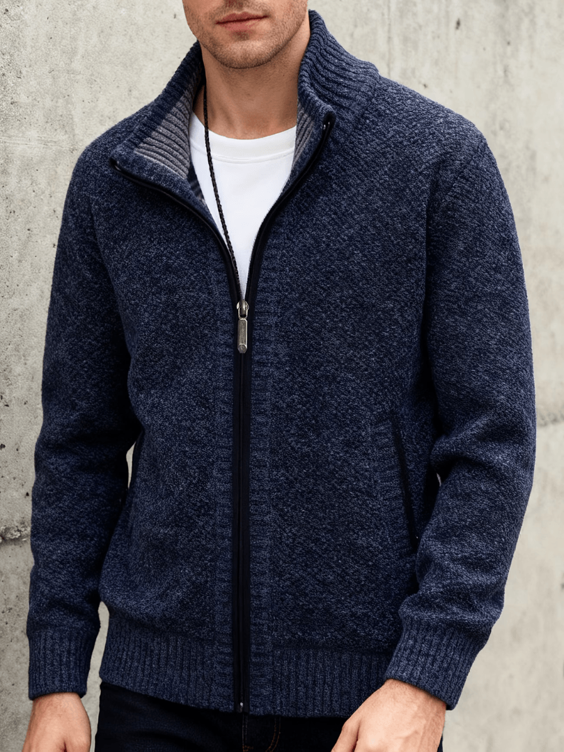 Men's Marled Knit Cardigan with Full-Length Zip and Ribbed Stand-Up Collar
