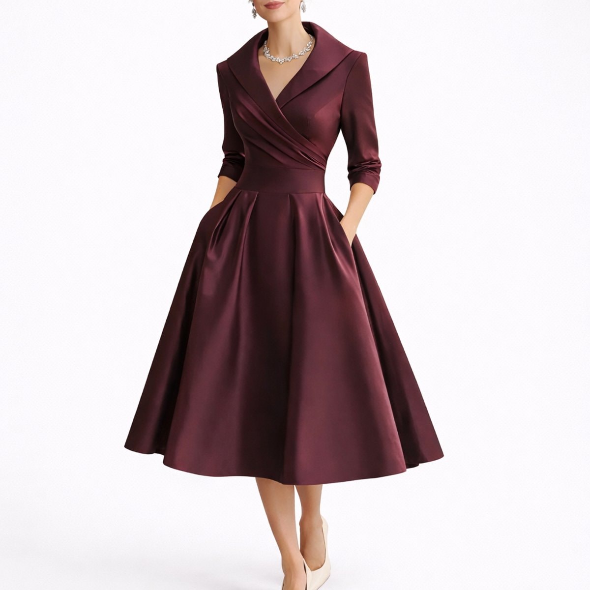 Women's Wrap-Front A-Line Midi Dress with Wide Collar and Side Pockets