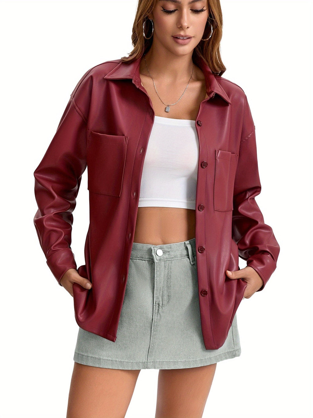 Oversized Faux Leather Shacket with Button Front Collared Fall Jacket