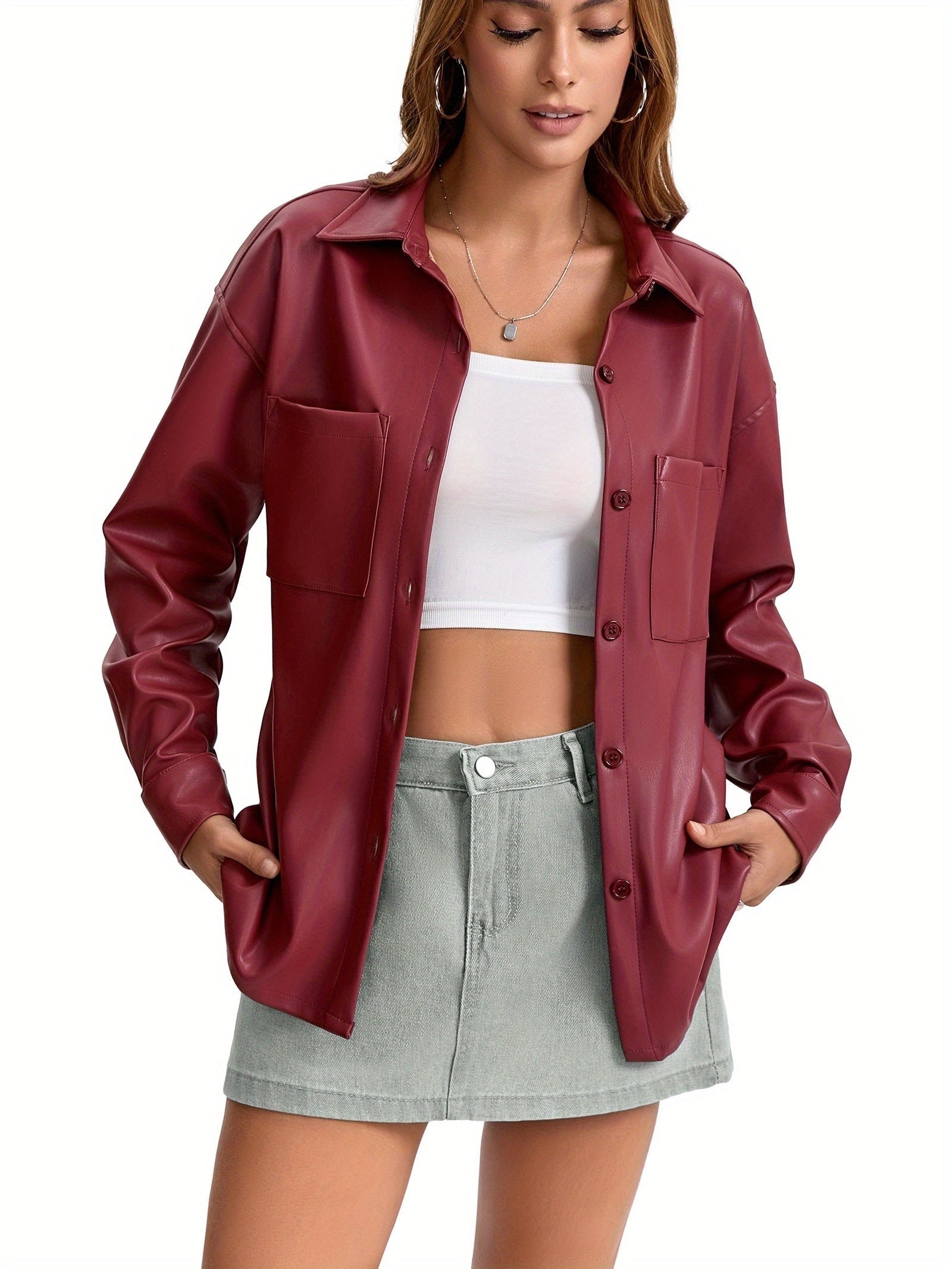 Oversized Faux Leather Shacket with Button Front Collared Fall Jacket