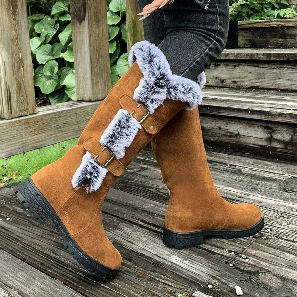 Women's Knee-High Faux Suede Boots with Buckle Straps and Plush Fur Trim