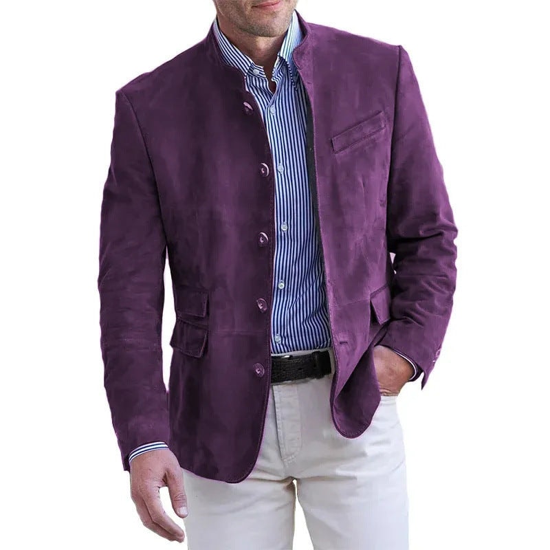 Men's Unstructured Faux Suede Blazer Jacket with Stand Collar and Flap Pockets