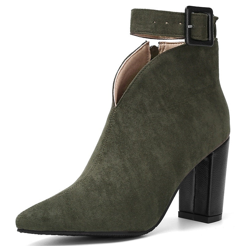 Women's Suede Ankle Boots with V-Cut Front and Buckle Strap Block Heel