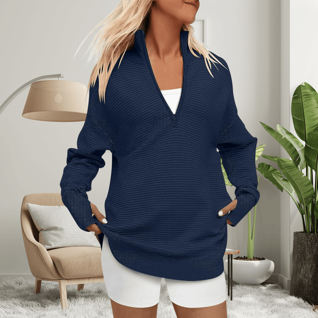 Nina Zip Neck Oversized Sweater with Ribbed Trim for Women