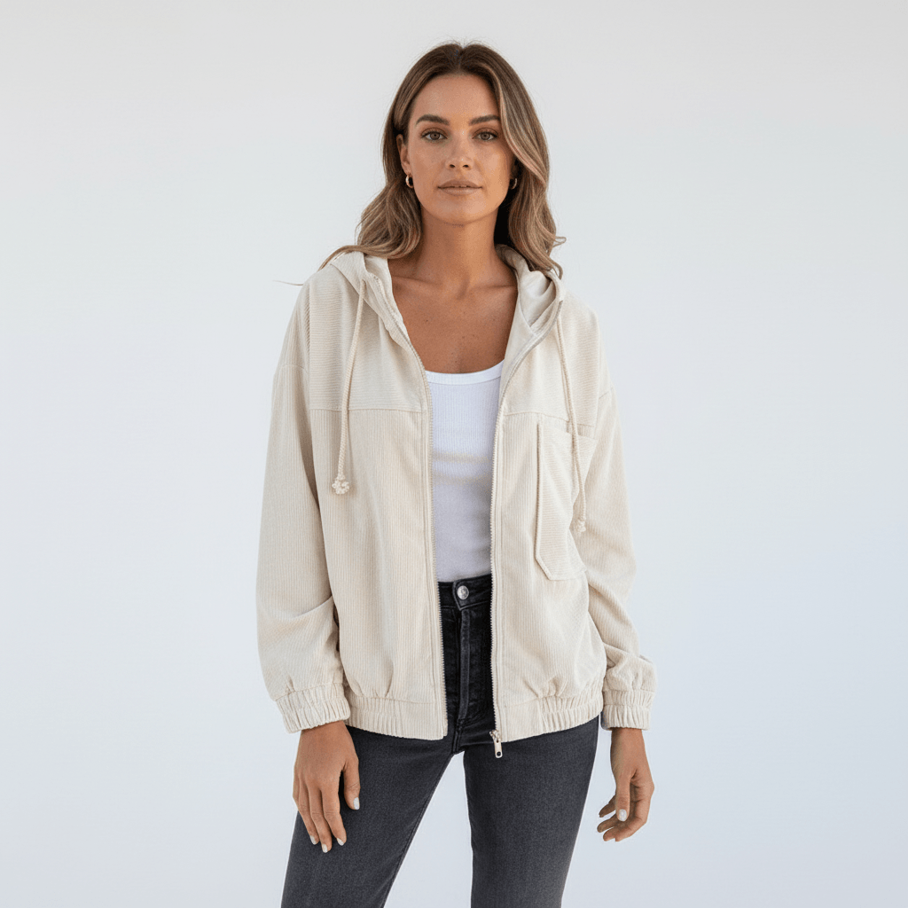 Women's Lightweight Hooded Corduroy Zip-Up Jacket with Chest Pocket and Elastic Cuffs