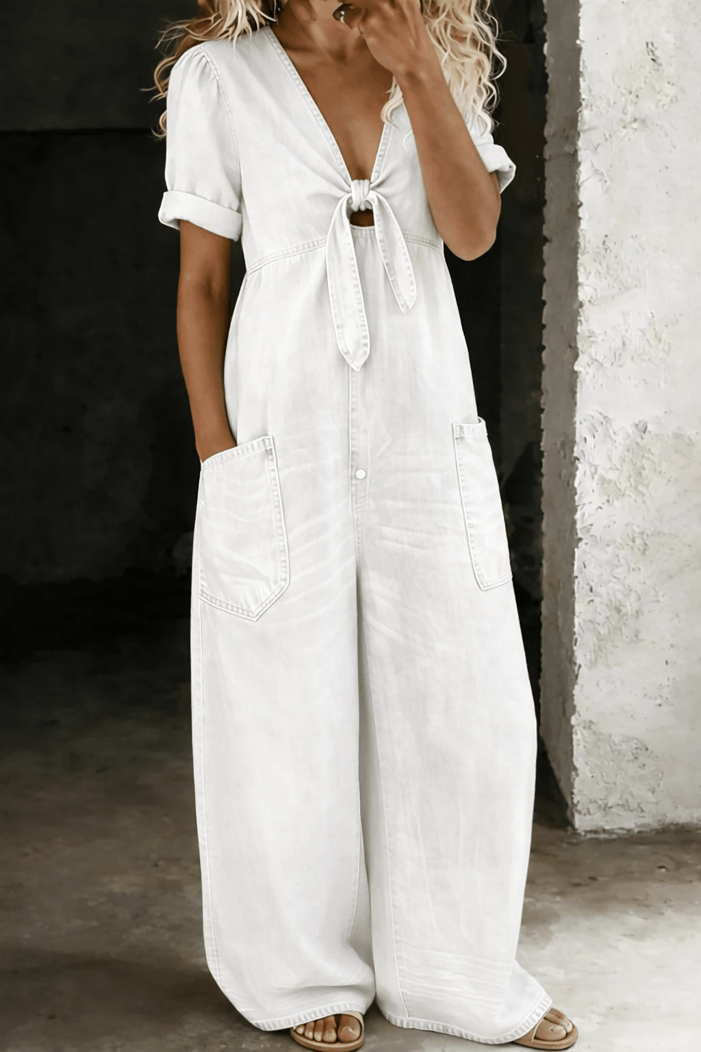 Maya Denim Tie-Front Jumpsuit with Wide Leg and Pockets