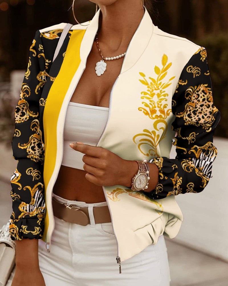 Meabh High-Neck Oversized Floral Print Zip-Up Bomber Jacket for Women
